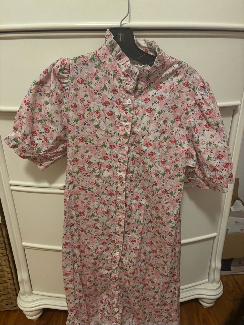 Pink Floral Button-Front Ruffle Collar Dress